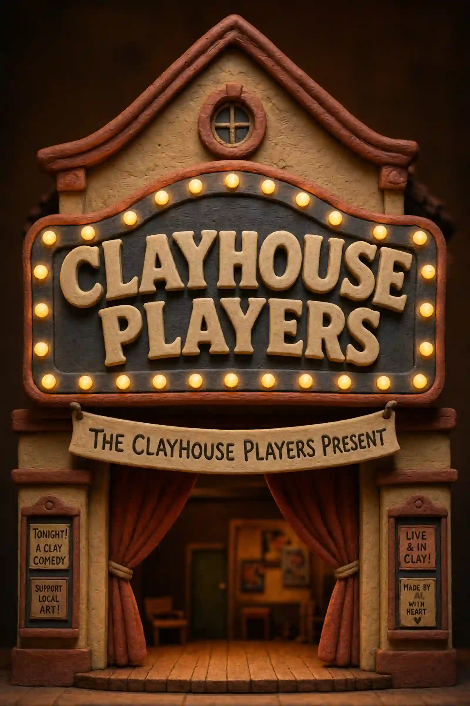 Clayhouse Players — a sculpted clay theatre marquee.